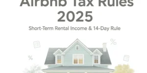 Airbnb 단기 임대 세금 규칙 2025을 설명하는 썸네일 이미지로, 작은 코티지 스타일의 주택과 14-Day Rule 문구가 들어간 미니멀 디자인