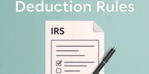 “IRS document icon and checklist illustrating alimony deduction rules on a soft mint background.”