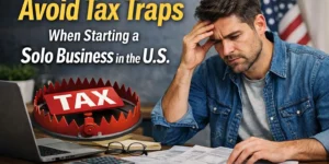 A solo business owner looking worried while reviewing tax documents, highlighting tax traps when starting a solo business in the U.S.