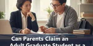 Parents discussing tax documents with their adult graduate student while reviewing whether they can claim the student as a dependent for the 2025 tax return