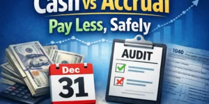 “Cash vs Accrual accounting comparison for small business tax planning, showing year-end timing and audit risk.”