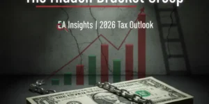 Stack of U.S. dollar bills restrained by a chain with an upward bar chart in the background illustrating hidden bracket creep caused by chained CPI in the 2026 U.S. tax outlook