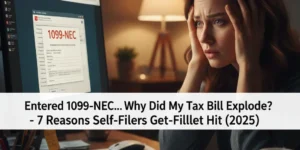 Self-filer looking stressed at computer after entering 1099-NEC and seeing a higher tax bill, EA Tax Guide thumbnail
