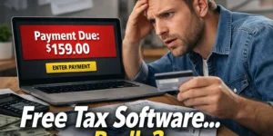 Man looking shocked at a payment screen while filing taxes with free tax software showing unexpected fees