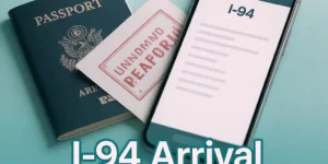 Passport and smartphone showing an I-94 arrival record guide on a mint background