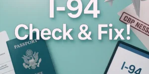 I-94 Check & Fix thumbnail with a passport, airplane model, CBP stamp and digital I-94 screen