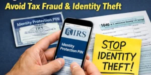 IRS Identity Protection PIN shown on smartphone to prevent tax fraud and identity theft during tax filing