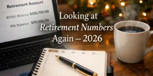 Year-end retirement planning scene with a laptop showing retirement account balances and the text “Looking at Retirement Numbers Again — 2026”