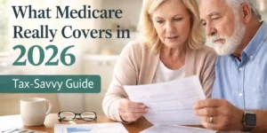 Retired couple reviewing Medicare coverage and tax implications for 2026