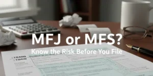 MFJ or MFS tax filing thumbnail showing a Form 1040 on a desk with the text “Know the Risk Before You File” for married taxpayers in 2025