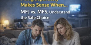 MFJ vs MFS tax filing thumbnail highlighting the risk differences between married filing jointly and separately in 2025
