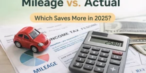 Mileage vs actual car expense tax deduction comparison with calculator and car, 2025 IRS vehicle deduction guide