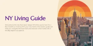 “NY Living Guide cover image featuring the New York City skyline at sunset, with the Empire State Building and warm orange gradient design elements.”