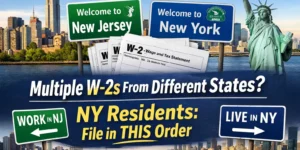 Thumbnail showing New York and New Jersey signs with multiple W-2 forms, explaining the correct tax filing order for New York residents who worked in multiple states