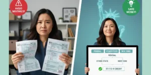 "Infographic for NY residents with multi-state W-2s, showing the correct tax filing order (Federal, Other State, then NY) and the IT-112-R resident credit to avoid double taxation in 2025."