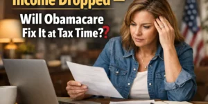 “A worried middle-aged woman reviewing tax documents as her income drops, wondering how Obamacare will adjust her premium tax credit at tax time”