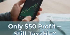 Small stock sale profit shown on mobile trading app for tax reporting