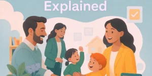 “Illustration of parents greeting daycare staff while children interact happily, with a large title ‘Child & Dependent Care Credit 2025 Explained’ above. A calculator and checkmark icon symbolize tax credit guidance.”