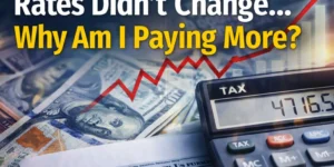 Tax calculator and U.S. dollar bills with rising chart illustrating why taxpayers may pay more even when tax rates do not change due to chained CPI and bracket creep in 2026