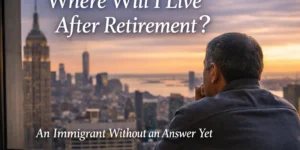 Immigrant looking out over New York City skyline at sunset, reflecting on where to live after retirement
