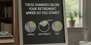 “Chalkboard showing key retirement numbers with the text ‘These numbers decide your retirement. Where do you stand?’”