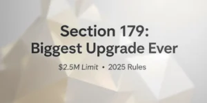 Section 179 biggest upgrade ever with $2.5M limit under 2025 tax rules, minimal geometric background thumbnail
