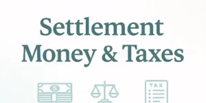 “Settlement Money & Taxes thumbnail with money icon, justice scale, and tax form — EA Tax Guide visual”