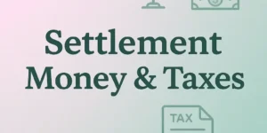 “Settlement Money & Taxes gradient thumbnail featuring justice scale, dollar icon, and tax document