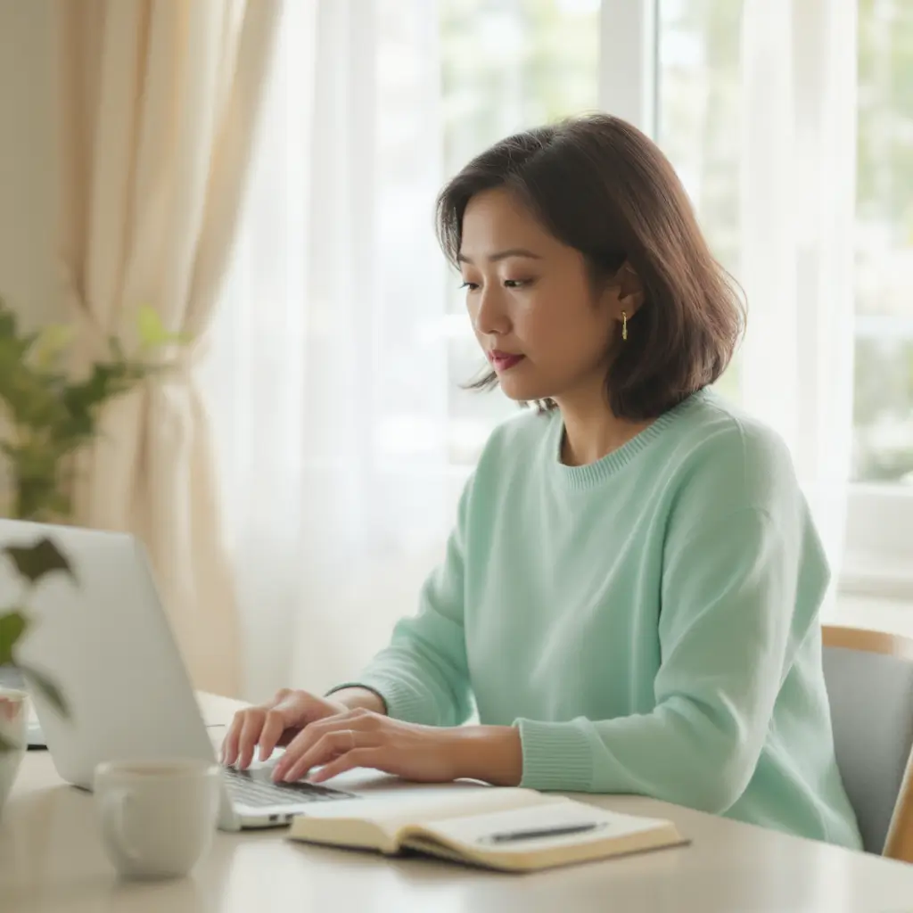 A U.S. Enrolled Agent in her 40s writing tax blog posts on WordPress late at night