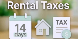 Short-Term Rental Taxes 주제를 표현한 썸네일 이미지로, 14-Day Rule 달력 아이콘과 주택 아이콘, 세금 문서 아이콘이 포함된 밝은 톤 그래픽