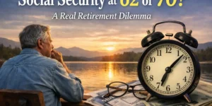 Older man thinking about Social Security benefits by a lake at sunset, choosing between claiming at age 62 or 70