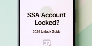 Phone screen displaying SSA Account Locked message with 2025 Unlock Guide for Social Security online account access