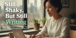A Korean woman in her 40s writing late at night on a WordPress tax blog, reflecting on consistency and uncertainty as an Enrolled Agent