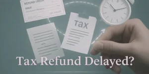 Tax refund delayed in 2025 with IRS documents, refund check, and clock concept