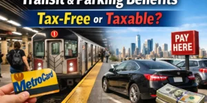 Transit and parking benefits comparison showing subway commute and paid parking, explaining what commuting benefits are tax-free or taxable in 2025