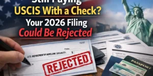 USCIS 2026 rule warning showing a rejected immigration filing due to check payment