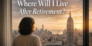 A middle-aged immigrant woman looking out at the New York City skyline while reflecting on where to live after retirement