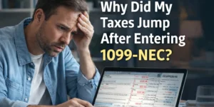 Freelancer looking stressed at laptop after entering 1099-NEC and seeing taxes increase, EA Tax Guide thumbnail