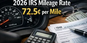 2026 IRS standard mileage rate showing 72.5 cents per mile with car dashboard and tax documents
