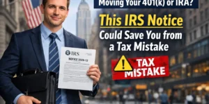 “Professional holding IRS Notice 2026-13 explaining tax risks when moving a 401(k) or IRA”
