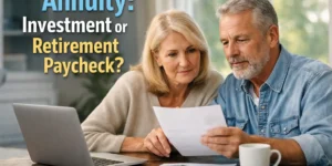 Older couple reviewing retirement documents at home, illustrating the question of whether an annuity is an investment or a retirement paycheck.