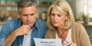 Middle-aged couple reviewing an annuity contract and retirement paperwork, illustrating what annuity sales pitches don’t fully explain