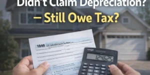 Rental property tax thumbnail showing a homeowner holding a 1040 tax form and calculator with text “Didn’t Claim Depreciation — Still Owe Tax?”