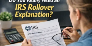 Woman reviewing IRS 401(k) rollover explanation documents at a desk