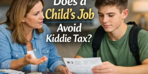 Mother and teenage child reviewing a W-2 form while discussing whether a child’s job avoids Kiddie Tax for the 2025 tax year