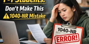 F-1 student reviewing Form 1040-NR and realizing a common tax filing mistake