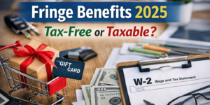 Fringe Benefits 2025 showing tax-free vs taxable employee benefits with W-2 reporting concept