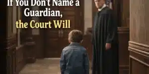 A child sitting in a courtroom facing a judge, symbolizing the risk of not naming a legal guardian in a U.S. will.