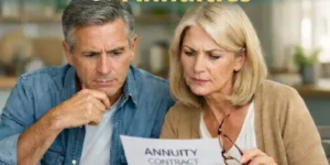 Middle-aged couple reviewing an annuity contract at home, illustrating the hidden trade-offs of annuities in retirement planning