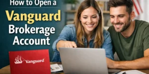 “Couple opening a Vanguard brokerage account online using a laptop, step-by-step investing guide”